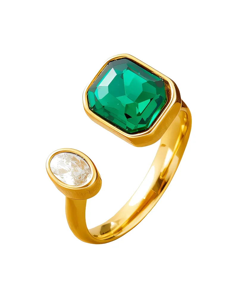Offener Ring mit grünem Stein und Zirkonia